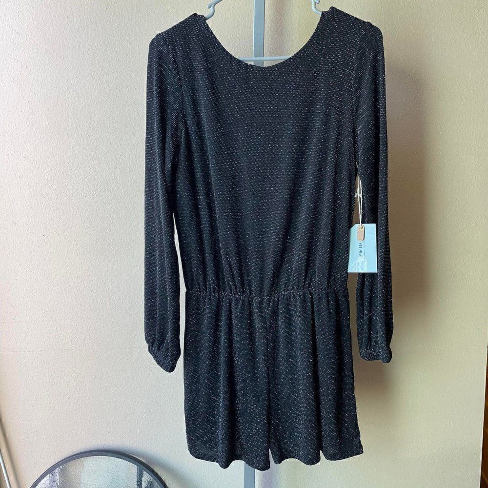 If By Sea Anthropologie Black and Silver Shimmer Open Back Romper Size Medium